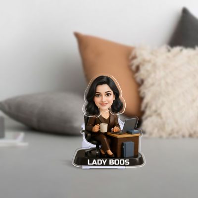 Personalized Lady Boss Bobbleead Caricature for Office Desk, Custom Photo Gift for Female Professionals, Colleagues & Womens Day Battery Powered Moving Head